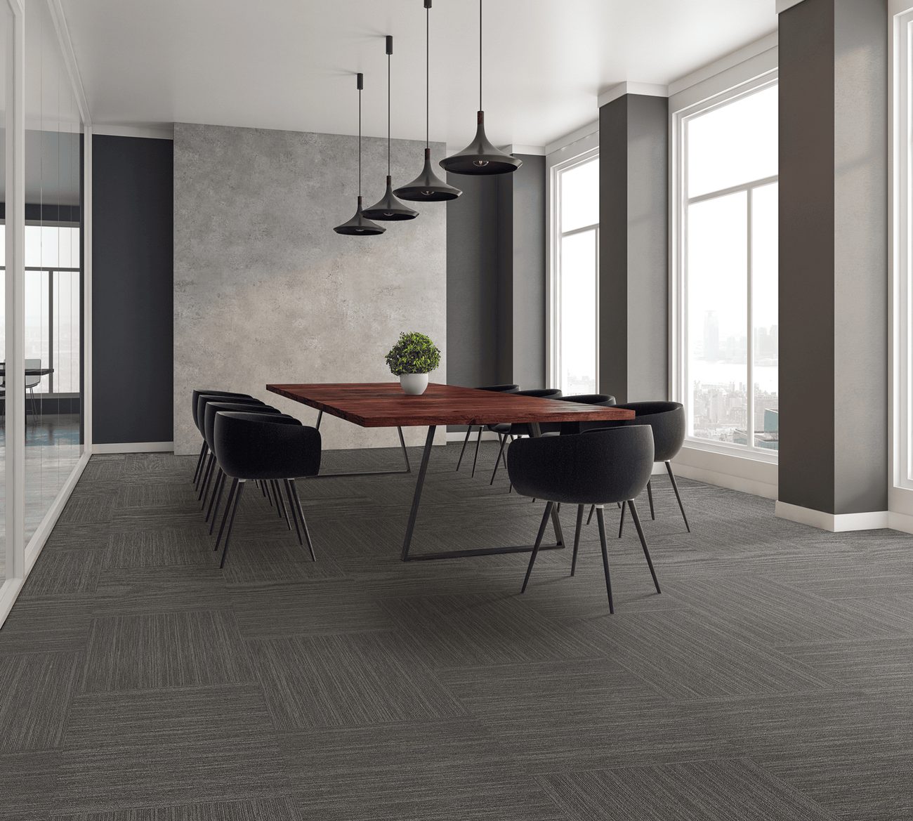 City Squares carpet tile installed across a commercial conference room with skyline views