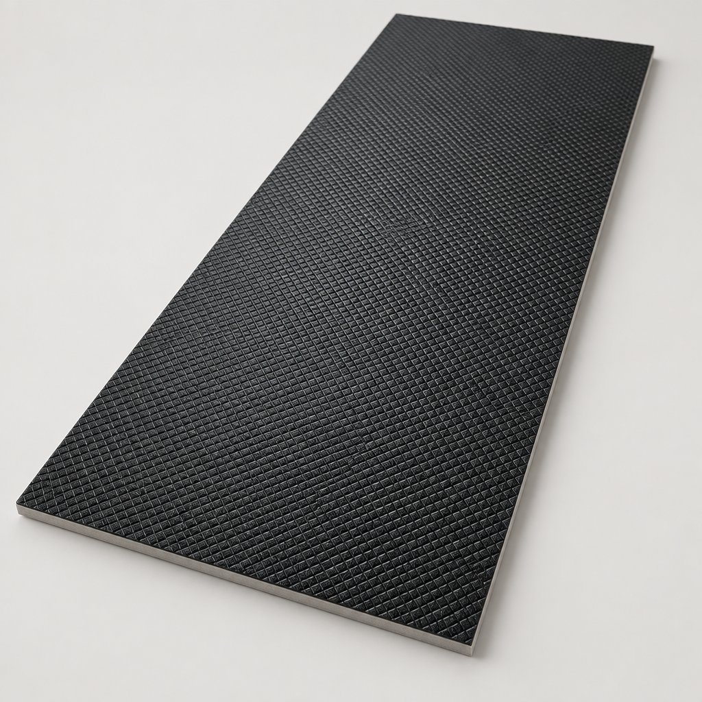 Back of a Soundstop plank showing the attached diamond-textured soundmat