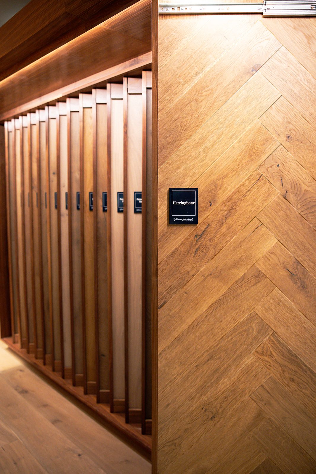 Valencia Hardwoods herringbone European oak panel in the Austin showroom